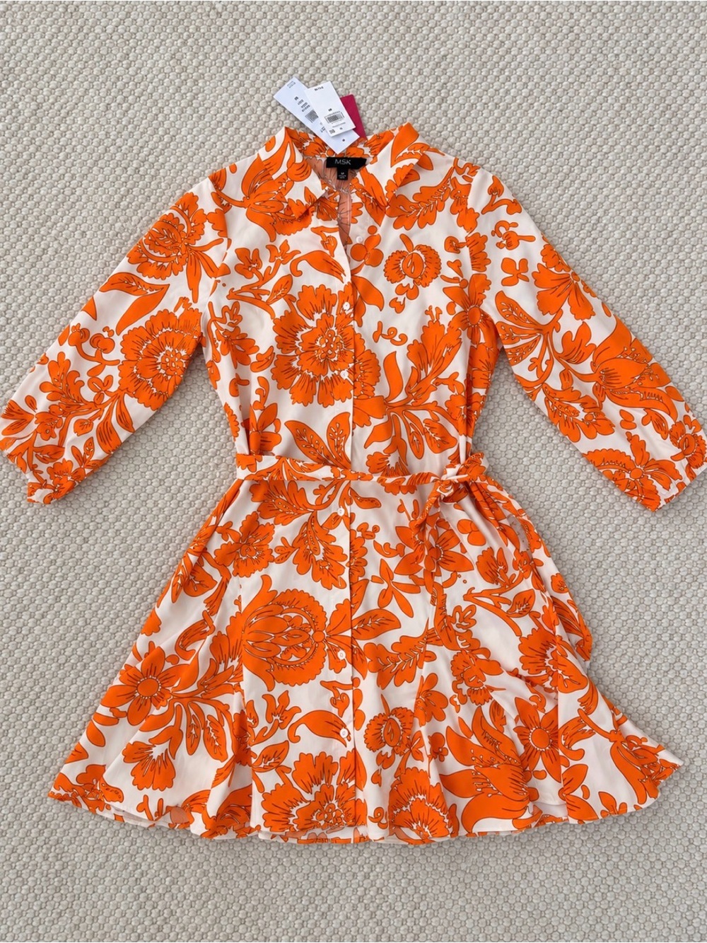 NWT MSK Orange Floral Belted Shirt Dress Size M Retro Mod Print